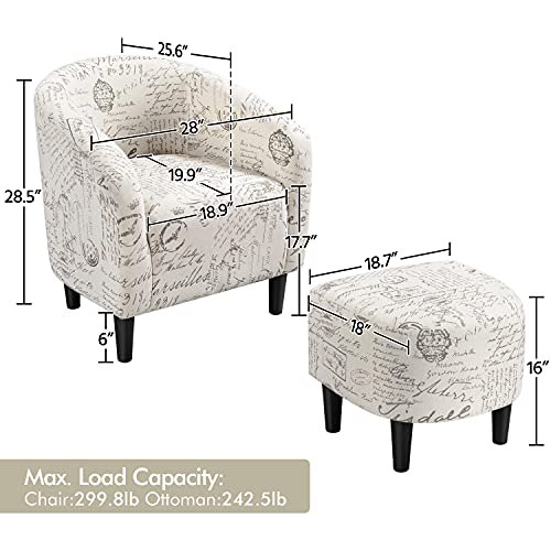 Yaheetech Modren Club Chair with Ottoman, Fabric Accent Armchair with Footstool, Upholstered Barrel Chair and Footrest for Living Room Bedroom Guestroom, Letter Print