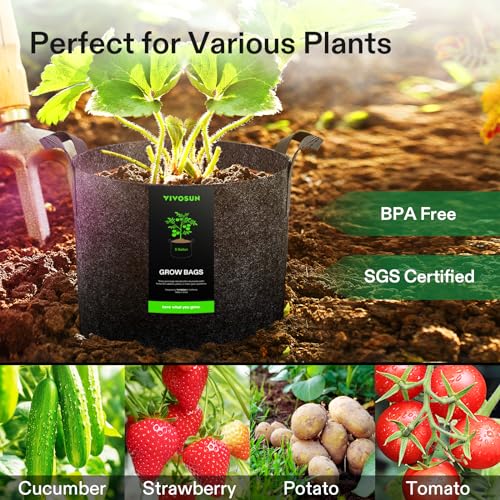 VIVOSUN 5-Pack 5 Gallon Grow Bags Heavy Duty 300G Thickened Nonwoven Plant Fabric Pots with Handles