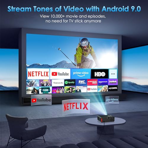 Native 1080P Smart Projector with WiFi and Bluetooth 5.0,Indoor LCD Home Projector with Touch Panel & Gigabit Network,Wireless Outdoor Movie Projector w/Android 9.0 for YouTube Netflix Twitter Spotify