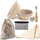 2pcs Bread Proofing Basket Set Sourdough Bannetons with Linen Cloth Liner Dough Scraper Proofing Cloth Linen Storage Bag (9inch Round + 10inch Oval Set)