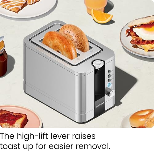 Chefman 2 Slice Toaster, 7 Shade Settings, Stainless Steel, 2 Slice with Extra-Wide Slots, Thick Bread and Bagel Toaster, Reheat, Defrost, Cancel, Lift Lever, Removable Crumb Tray