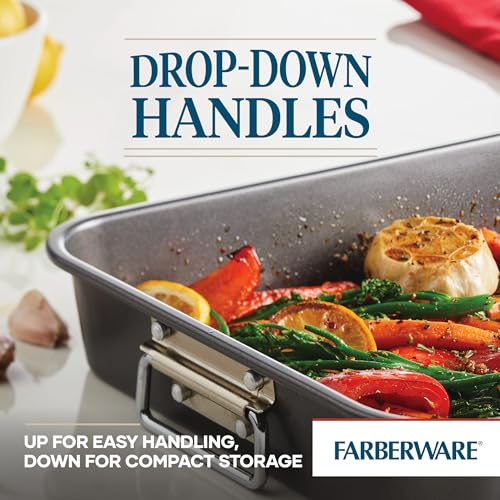 Farberware Nonstick Bakeware 11-Inch x 15-Inch Roaster with Flat Rack, Gray,Grey