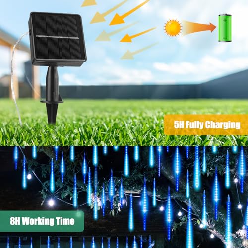 Christmas Lights Solar Powered, Meteor Shower Lights Outdoor, 16 Inches 8 Tube 288 LED Solar Meteor Lights for Tree Wedding Xmas Holiday Party Patio Decoration, Bule