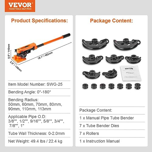 VEVOR Pipe Tube Bender, 3/8" to 1" OD Manual Pipe Tube Bender with 7 Bending Dies, 180° Copper Aluminum Pipes Bending Tools for HVAC Air Conditioning Refrigerator Auto Repair