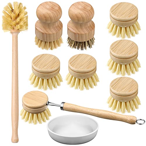 10 Pieces Wooden Kitchen Brush Set Bamboo Dish Brush Set Wooden Dish Washing Brush Wood Bottle Brush with Replacement Heads for Dishes, Wide Mouth Bottles, Cups and Jars