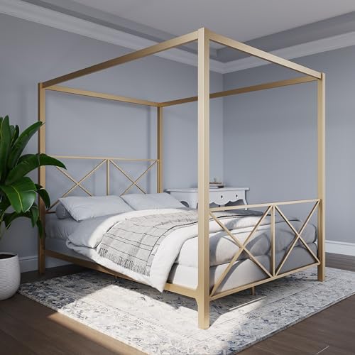 DHP Rosedale Metal Canopy Bed Frame with Four Poster Design and Geometric Accented Headboard and Footboard, Underbed Storage Space, Full, Gold