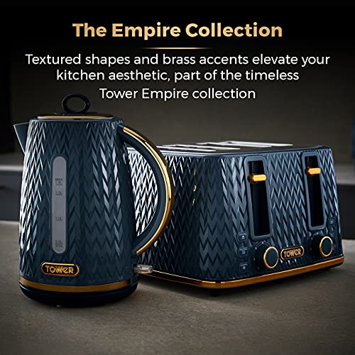 Tower T20061MNB Empire 4-Slice Toaster with Defrost/Stop, Removable Crumb Tray, 1600W, Midnight Blue with Brass Accents