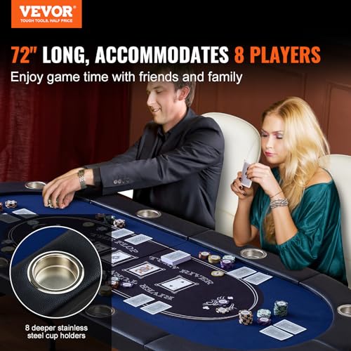 VEVOR 8 Player Foldable Poker Table, Blackjack Texas Holdem Poker Table with Padded Rails and Stainless Steel Cup Holders, Portable Folding Card Board Game Table,183cm Oval Casino Leisure Table, Blue