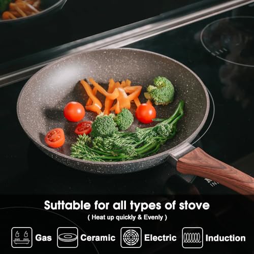 Clevinger Nonstick Frying Pan, 24CM Fry Pans Skillet for Cooking Egg Pan Omelet Pan Marble Coating Induction Compatible for Any Stoves, PFOA Free Cookware Chef's Pan with with Heat-Resistant Handle