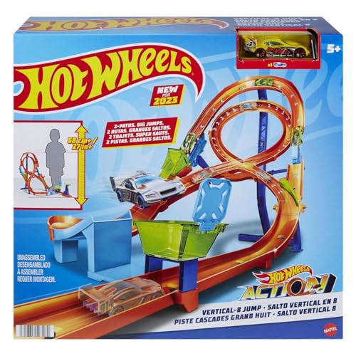 Hot Wheels Track Set with 1 Hot Wheels Car, Tall Figure-8 Track for Race & Stunting, Connects to Other Hot Wheels Tracks, Folds for Convenient Storage Multicolor HMB15