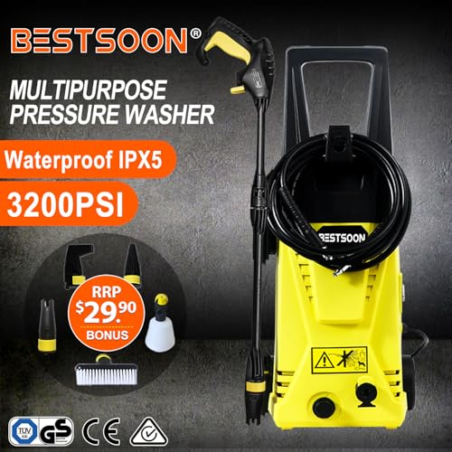 BESTSOON High Pressure Washer 3200PSI, 1900W with Turbo/Spray Nozzle, Spray Gun, Detergent Bottle, Brush, Electric Pressure Cleaner for Patio Cleaning, Cars, Homes