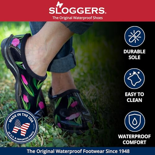 Sloggers Waterproof Garden Shoe for Women – Outdoor Slip-On Rain and Garden Clogs with Premium Comfort Support Insole, F&G, Sunflower Print Black, 11