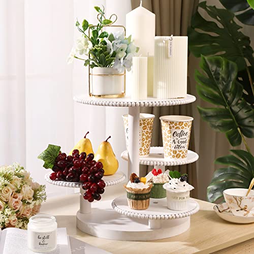 Skylety 4 Tier Round Cupcake Tower Stand Beaded Wood Cake Stand with Tiered Tray Cupcake Stand for 50 Cupcakes Cake Display Stand Dessert Tiered Serving Tray for Birthday Graduation Wedding (White)