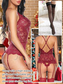 Women's Sexy Lace Lingeries Sets V Neck Adjustable Cross Strap Backless Bodysuit Teddy Babydoll Sleepwear with G-String Stockings