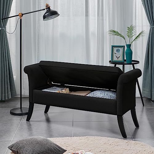 Yaheetech 52in Ottoman Bench Folding Storage Ottoman Bench Tufted Fabric Entryway Bench with Arms Footstool with Large Storage Foot Rest Seat Rolled Arms Cushioned Ottoman Black