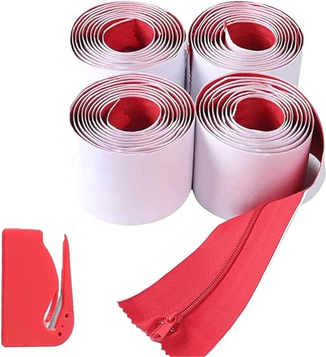 (4-Pack) Heavy-Duty Dust Protector Zipper - Self-Adhesive Instant Door Zipper - 7 Ft Length (3" Width) Zipper - Includes 4 Zippers and Plastic Sheeting Cutter Accessories (Red Color)