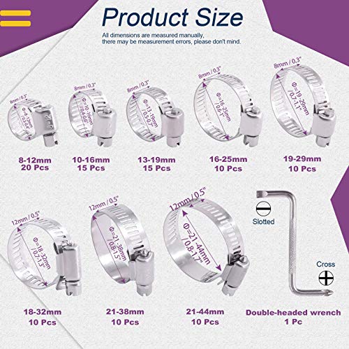 Swpeet 100Pcs 8-44mm Adjustable Range Assorted Sizes Assortment Hose Clamps Kit, 100% 304 Stainless Steel Adjustable Range Worm Gear Hose Clamp Perfect for Plumbing, Automotive