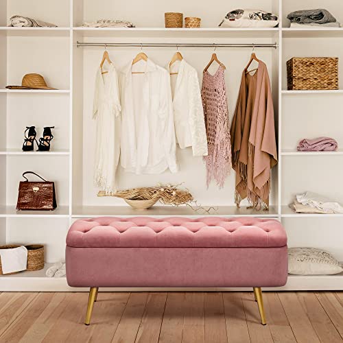 Yaheetech Storage Ottoman Bench 42.7 Inches Folding Storage Ottoman Bench Bench with Storage Bedroom Ottoman Fabric Ottoman Footstool Ottoman Pink