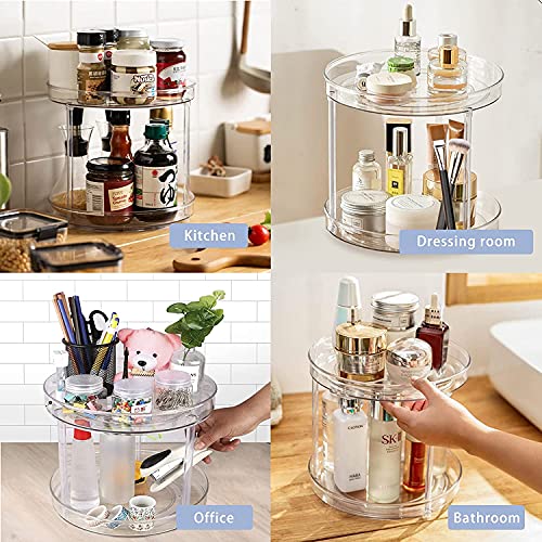 FYY 2 Tier Lazy Susan Turntable Cabinet Organizer Spice Storage Rack, Rotating Kitchen Cupboard Organiser, Storage Rack for Kitchen, Fridge and Bathroom, Makeup Holder Cosmetic Storage Rack Clear