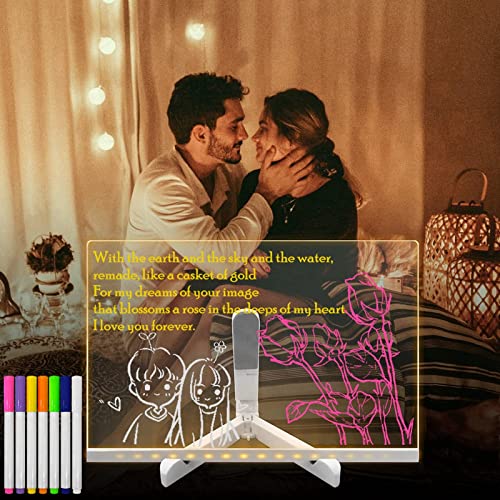 FYKEY Acrylic Dry Erase Board with Light, DIY LED Note Board 3D Night Light with 7 Color Pen, Rewritable Message Board Lamp, Note Daily Moment Painting Light (15 * 15cm/5.9 * 5.9inch)