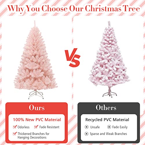 Costway 1.8M Pink Christmas Tree, Artificial Hinged Christmas Tree w/ 617 Tips, Premium Soft PVC Needles, Sturdy Metal Stand, Quick Set Up & Easy Storage, Ideal for Home, Office and Shops