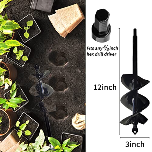 Auger Drill Bit Garden Totally Solid Barrel Dual-Blades Plant Flower Bulb Auger Spiral Hole Drill Rapid Planter Earth Post Umbrella Hole Digger for 3/8" Hex Drive Drill 3x12in Work for Any Kinds Soils