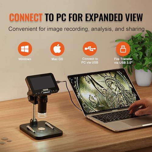 VEVOR Digital Microscope, 4.3” IPS Screen, 50X-1000X Magnification, 1080P Photo/Video Coin Microscope, Electronic Microscope with 8 LED Lights and 32GB Card,Compatible with Windows/Mac OS