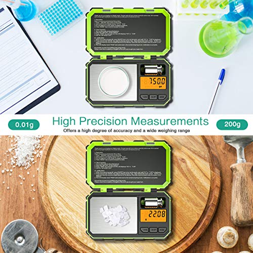 ORIA Pocket Scale, 200g/0.01g Digital Mini Scale, Precision Scale with Tare and PCS Function, LCD Backlit, Portable Food Scale for Cooking, Jewelry (50g Calibration Weight Included)- Green