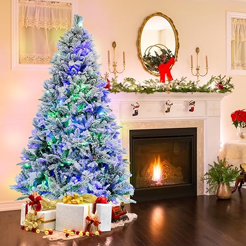 Costway 1.8m Christmas Tree with Pine Needles, Hinged Xmas Tree with 850 PE PVC Branch Tips, 250 LED Lights & 34 Pine Cones, Flocked Decoration Tree, 8 Lighting Modes, Includes a Pair of Gloves