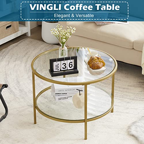 VINGLI Glass Coffee Table, 25.6" Round Champagne Gold Coffee Tables for Living Room, 2-Tier Glass Top Coffee Table with Storage Clear Coffee Table, Simple & Modern Center Table for Small Space