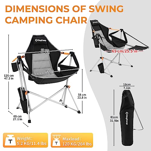 KingCamp Hammock Camping Chair, Aluminum Alloy Adjustable Back Swing Chair, Folding Rocking Chair with Removable Footrest Pillow Cup Holder for Outdoor Beach Lawn