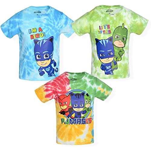 PJ Masks Boys Catboy, Owlette and Gekko 3 Pack T-Shirt for Toddler and Little Kids Blue/Green/Yellow, Tie Dye Multi Color, 4T