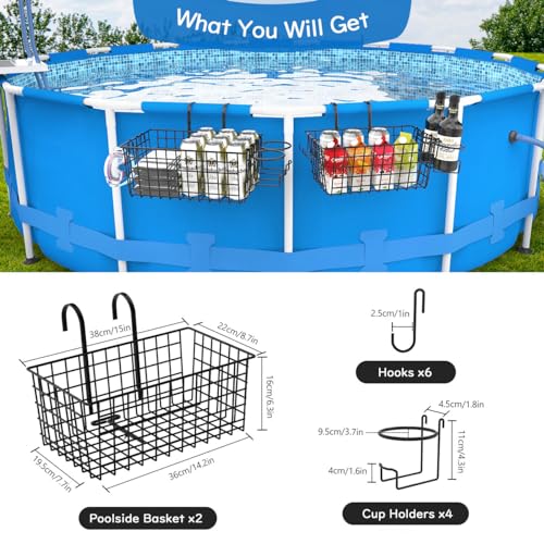 【2 Sets】【60lb】Poolside Storage Basket, Above Ground Pool Accessories, Metal Swimming Pool Storage organizer with Pool Cup Holder, Pool Must Haves 2024 Upgrade, Fits Steel Round or Frame Above Pools