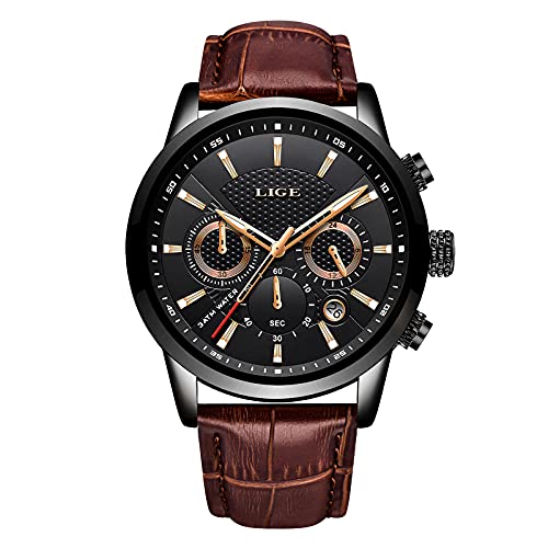 LIGE Mens Watches Chronograph Leather Waterproof Analogue Quartz Stainless Steel Business Classic Men's Wrist Watches, Black Brown, bracelet