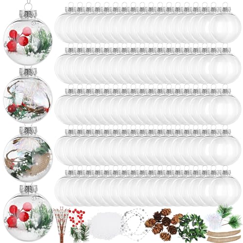 100 Set 3.15 Inch Christmas Clear Plastic Fillable Ball Ornament Set Christmas Tree Baubles Fillable Transparent DIY Acrylic Crafts Ball with Decorations for Christmas Party Holiday Home(Clear)