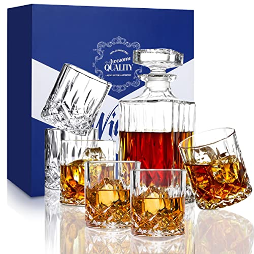 Whiskey Decanter Set (750ml),BRITOR Whiskey Decanter with 6 Twisted Old Fashioned Glasses (300ml),Wine Decanter for Scotch,Bourbon,Whisky,Elegant Holiday Whiskey Gifts for Men and Women