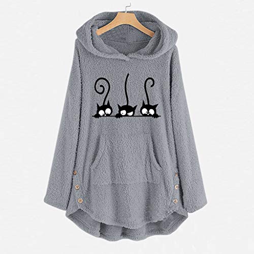 ZJRXM Women's Long Sleeve Cat Printed Hoodies Pullover Fall Winter Fuzzy Fleece Cute Jumper Sweatshirt for Teen Girls, Gray, 4X-Large