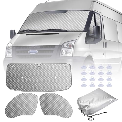 MaxEarn Motorhome Internal Thermal Blind for Ford Transit Van MK7, 3Pcs Sunshade Wrap Cover Kit, Windscreen Cover, Summer Uv Sun Blind & Winter Insulation Cover, Windshield Protection for Campervans