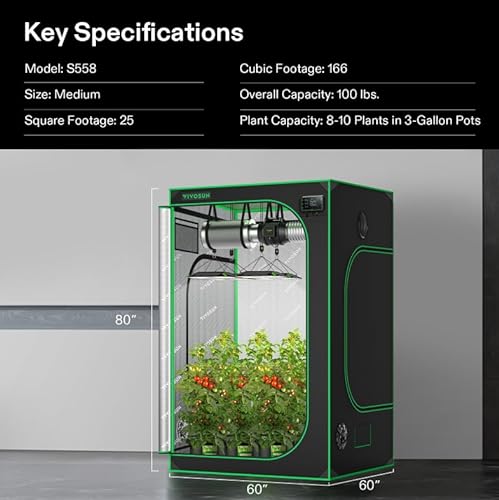 VIVOSUN S558 5x5 Grow Tent, 60"x60"x80" High Reflective Mylar with Observation Window and Floor Tray for Hydroponics Indoor Plant for VSF6450