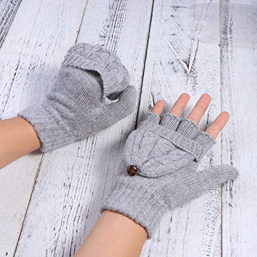 SOLUSTRE Women's Mittens Winter Mittens Warm Half Finger Gloves for Women, Flip Knitted Mittens Convertible Fingerless Gloves (Grey) White Mittens Ladies Mittens