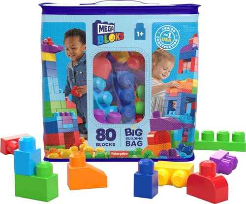 MEGA BLOKS Fisher Price Toddler Block Toys, Big Building Bag with 80 Pieces and Storage Bag, Blue, Gift Ideas for Kids Age 1+ Years