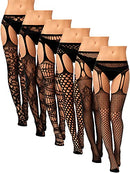 6 Pairs Women Fishnet Thigh High Stockings Suspender Pantyhose Lingerie Garter Belts Tights for Women Girls, Black, Medium-Large