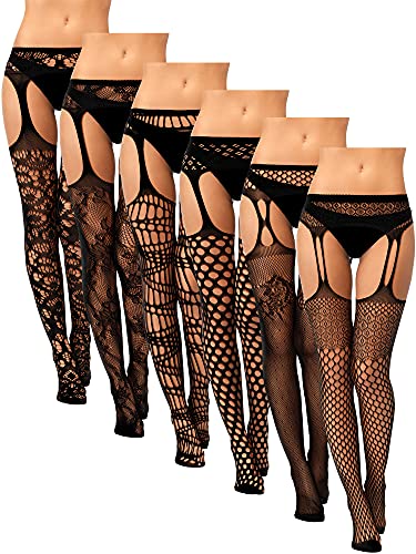 6 Pairs Women Fishnet Thigh High Stockings Suspender Pantyhose Lingerie Garter Belts Tights for Women Girls, Black, Medium-Large