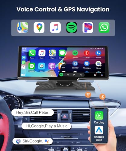 10.26" Touchscreen Portable Wireless Apple Carplay Car Stereo, podofo Portable Car Screen Compatible with Bluetooth Hands-Free/GPS Navigation/Siri Assistant/Voice Control,7V-32V Suit for All Vehicles