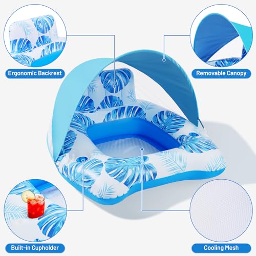 【Upgraded】 Pool Floats Adult with Canopy, XL Inflatable Pool Floaties for Adults Heavy Duty, Pool Chair and Lounge for Swimming in Pool Beach Lake, Float for Fool Floating with Cup Holder, Backrest