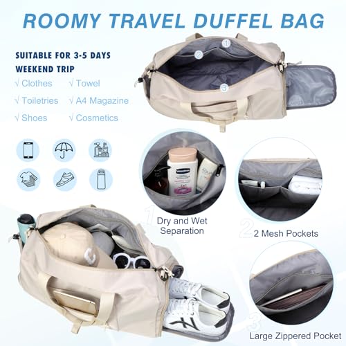 Duffle Bag,VASCHY 20in Medium Weekender Overnight Carry on Duffel Bags for Women Men with Shoes Compartments Luggage Sleeve for Travel,Gym,Yoga Khaki