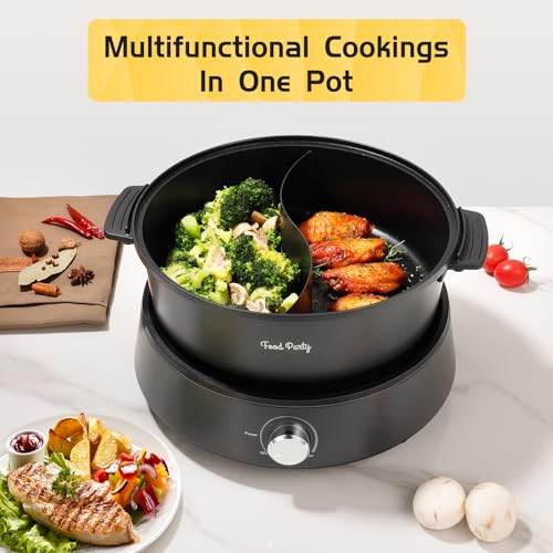 Food Party Hot Pot Electric Separable Shabu Shabu Pot with Divider Hotpot Pot Electric Cooker Dual Sided 220V 1350W Non-Stick 4L Fondue Pot for 2-6 People