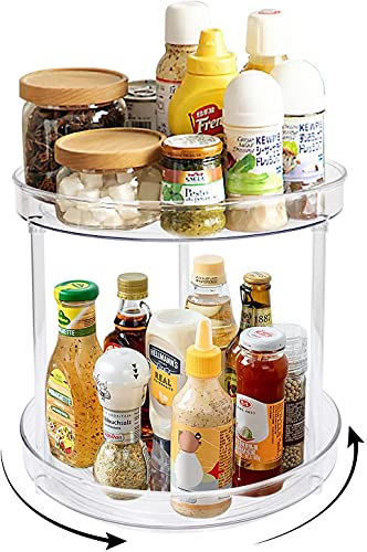 FYY 2 Tier Lazy Susan Turntable Cabinet Organizer Spice Storage Rack, Rotating Kitchen Cupboard Organiser, Storage Rack for Kitchen, Fridge and Bathroom, Makeup Holder Cosmetic Storage Rack Clear