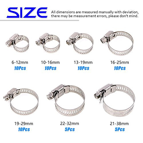 Swpeet 60Pcs Assorted Sizes Hose Clamps Kit 304 Stainless Steel Adjustable 6-38mm Range Worm Gear Hose Clamp Perfect for Plumbing Automotive and Mechanical Applications