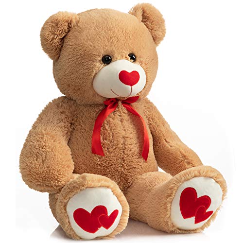 HollyHOME Giant Teddy Bear Stuffed Animal Large Bear Plush with Red Heart for Girlfriend and Kids Valentine's Day 36 inch Tan